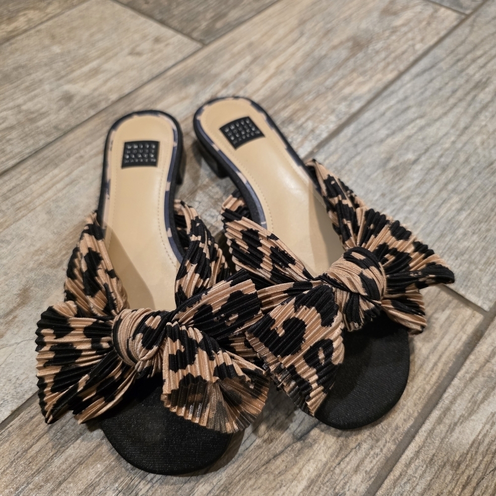 White House Black Market Leopard Print Crinkle Bow Slide Sandals 6.5